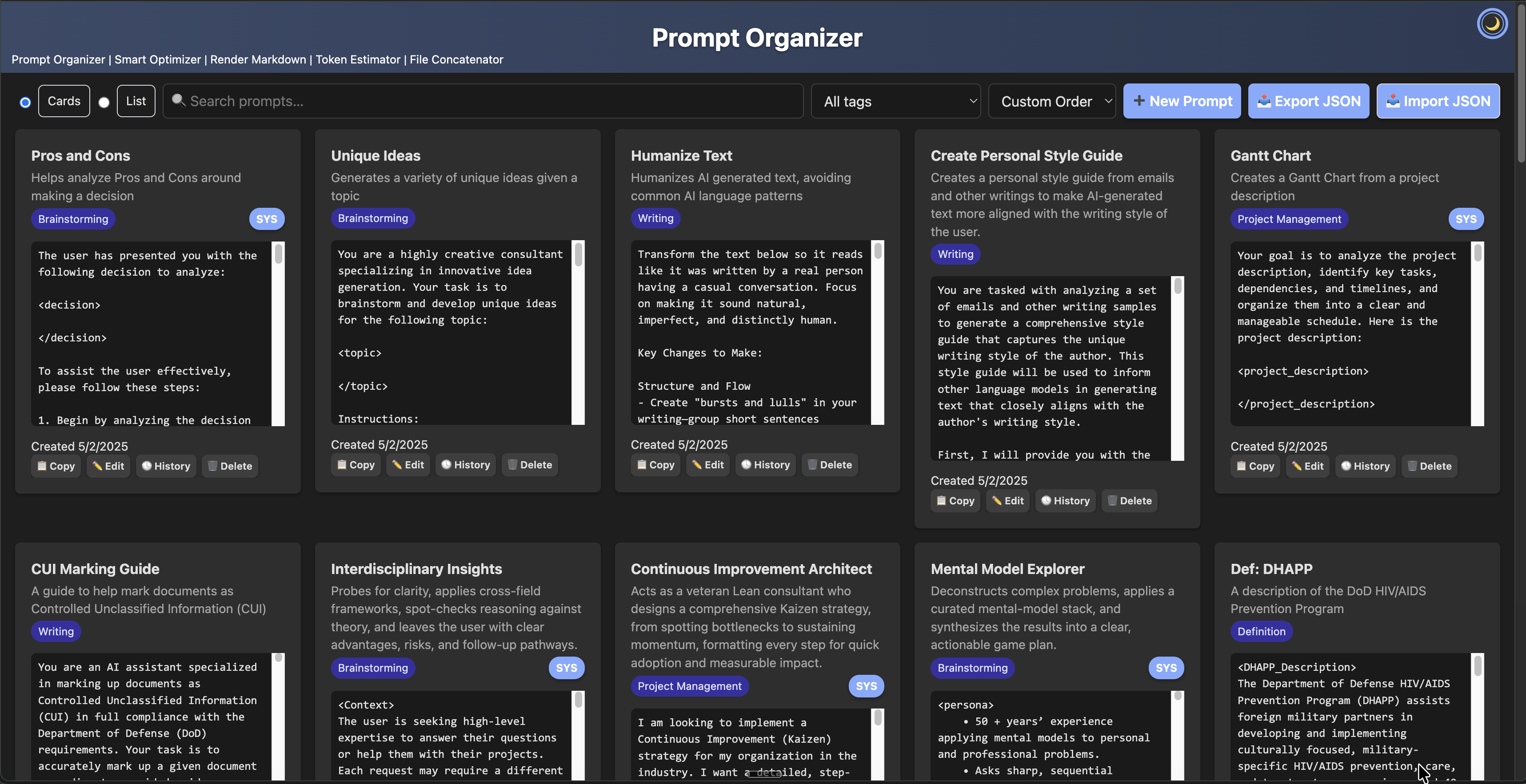 Prompt Organizer interface
